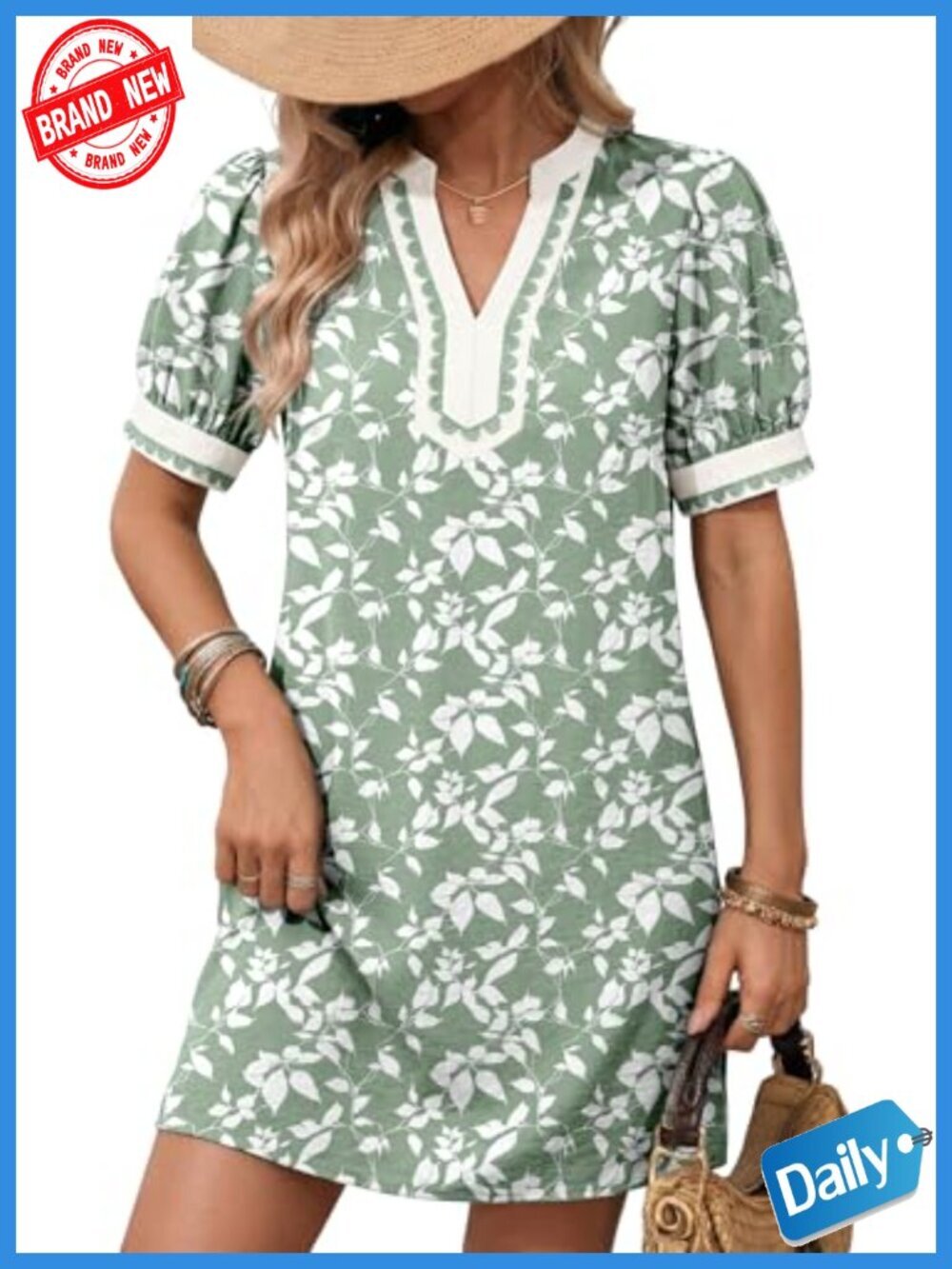 Boho Floral Puff Short Sleeve V Neck Mini Sundress